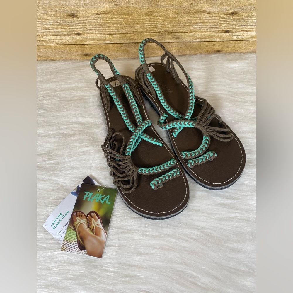 PLAKA Women's Sz 7 Palm Leaf Boho Braided Sandals Brown Turquoise Oceanside NWT